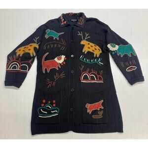 VTG Women Rafia animal kingdom knit stitched cotton graphic button sweater M